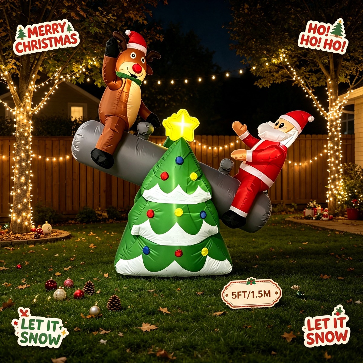 Outdoor Lighting On Trees - Kerst Opblaasbare Speelgoedfiguren Kerstman En Rendier